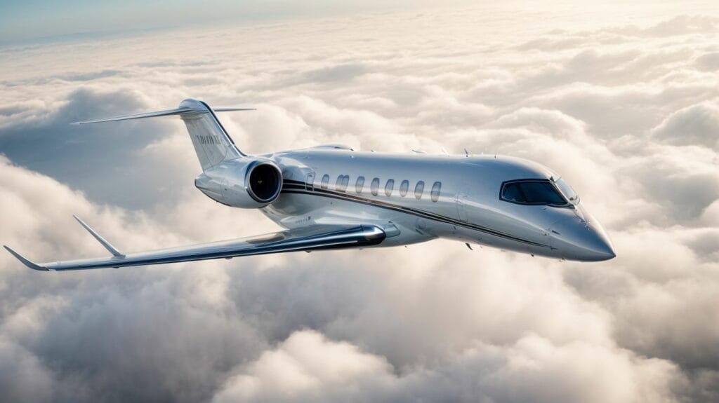 A private jet flying through the clouds at a faster speed.