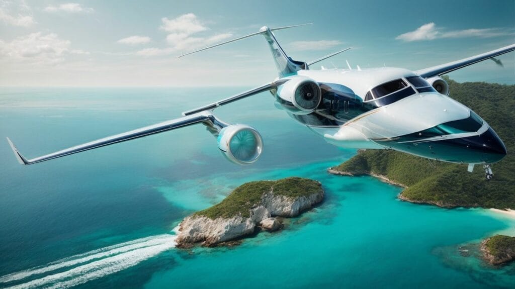 A private jet flies over a body of water, symbolizing the luxury and freedom of flying overseas.