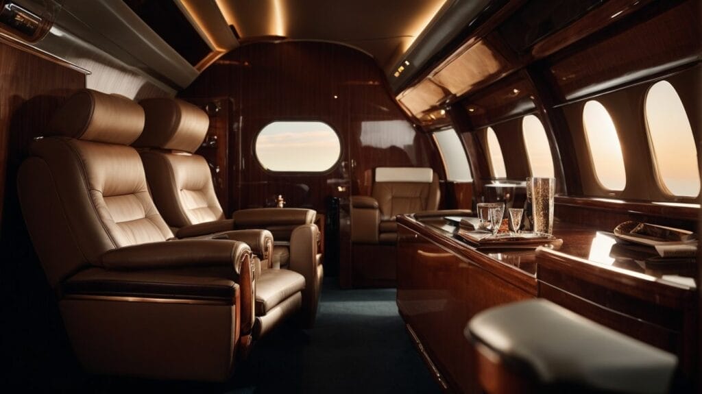 The interior of a private jet featuring plush leather seats.