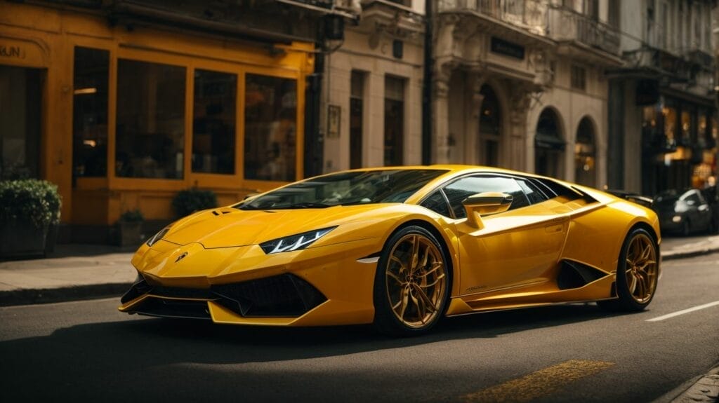The yellow Lamborghini Huracan, the cheapest Lamborghini on the market, is driving down the street.