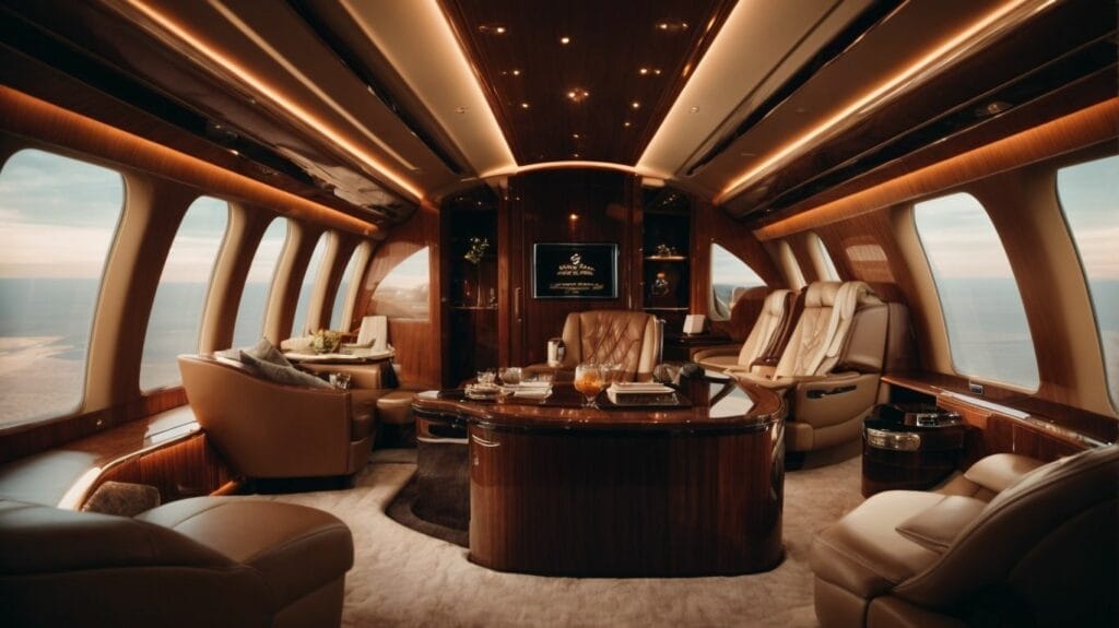 The interior of Drake's private jet showcases luxurious leather furniture and offers a breathtaking view of the ocean.