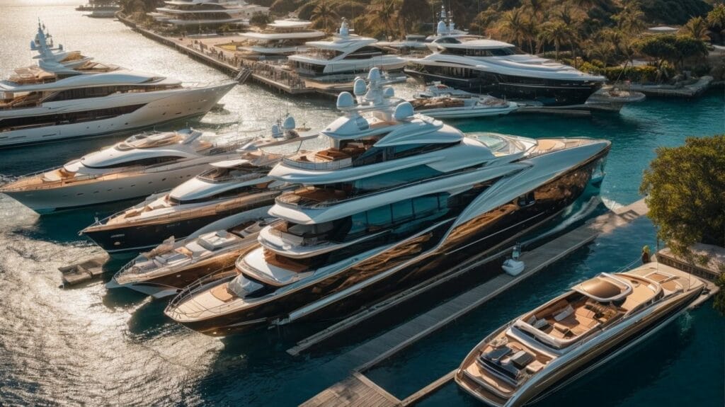A world-class marina hosting a group of yacht owners and their luxurious vessels.