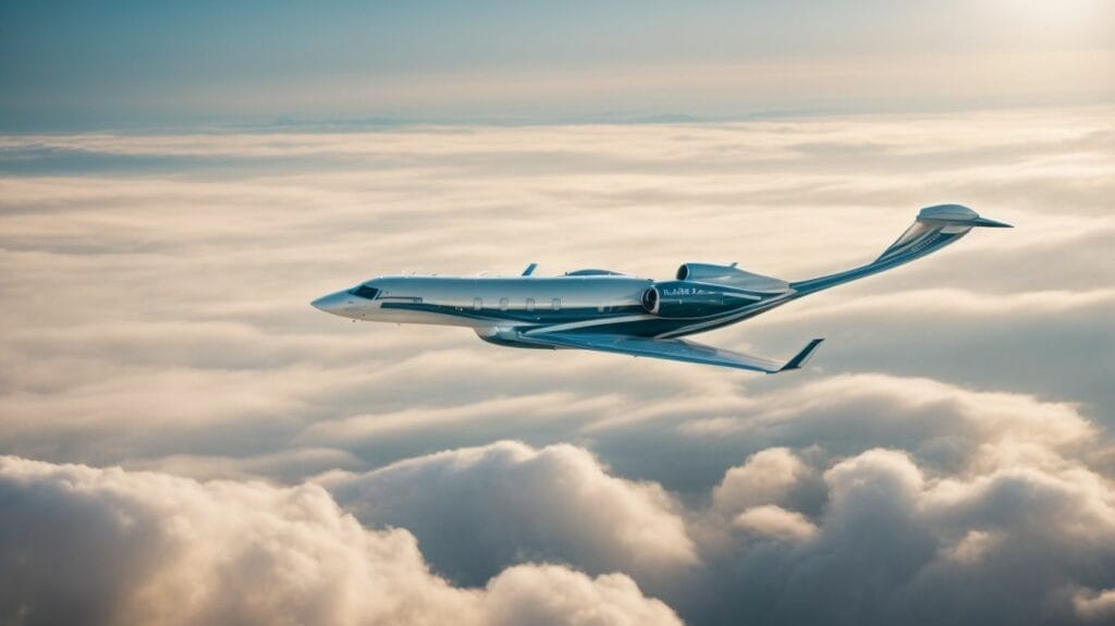A private jet soaring through the clouds during its flight.