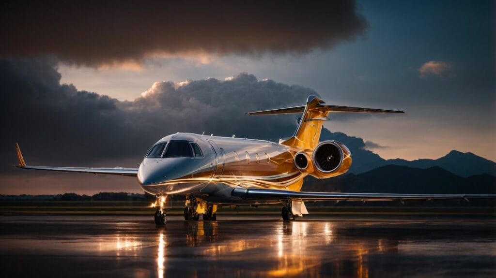 A private jet sits on the tarmac at dusk, available for purchase.