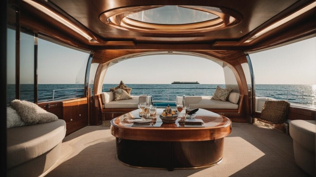 Experience the opulence of a luxury yacht charter boasting plush couches and an exquisite coffee table.