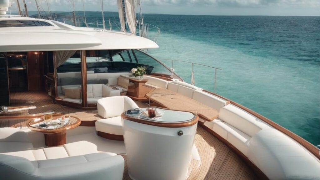 The deck of a yacht with white furniture and a view of the ocean, offering a luxurious experience.