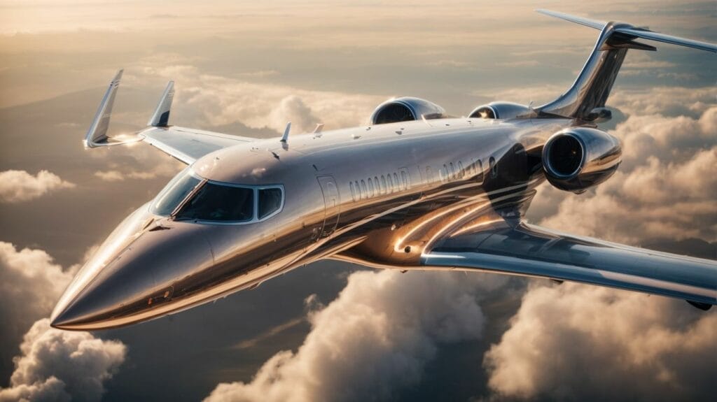 A private jet flying through the clouds, powered by jet fuel.