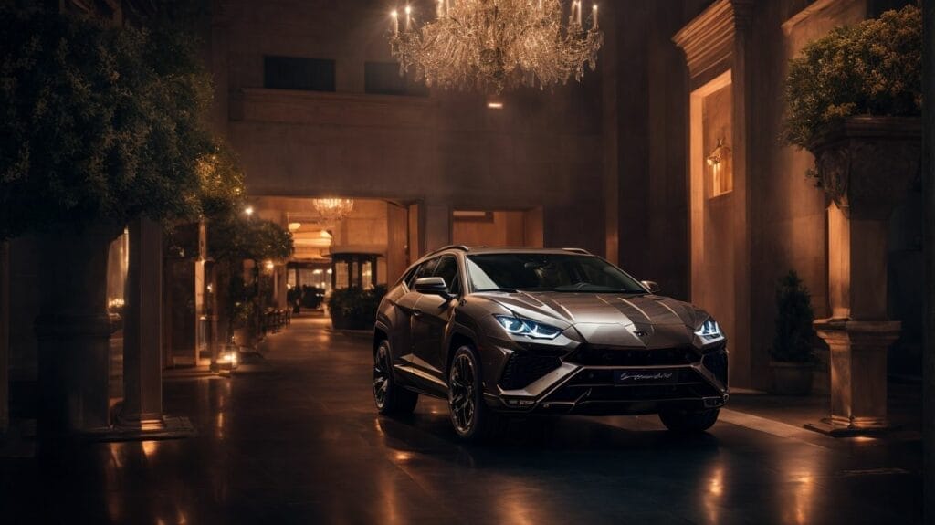 The Lamborghini Urus, a luxurious and powerful SUV, is parked gracefully in front of a mesmerizing chandelier.