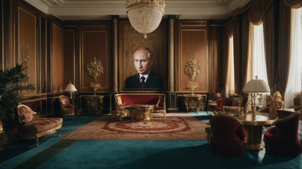 A wealthy room adorned with an ornate portrait of Vladimir Putin.