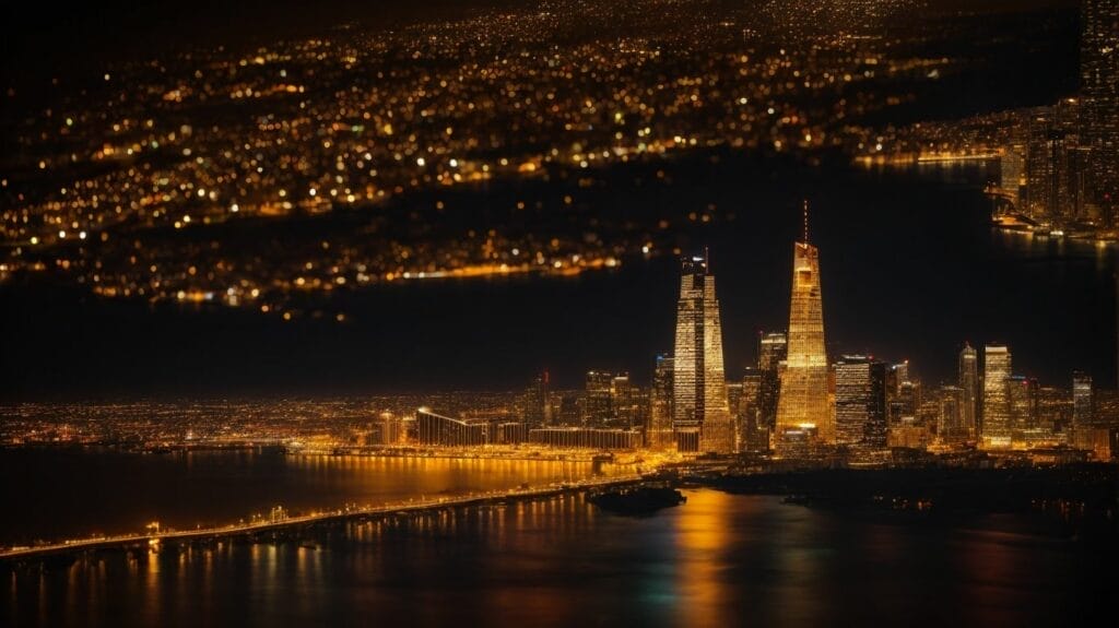Aerial view of wealthy New York City at night.