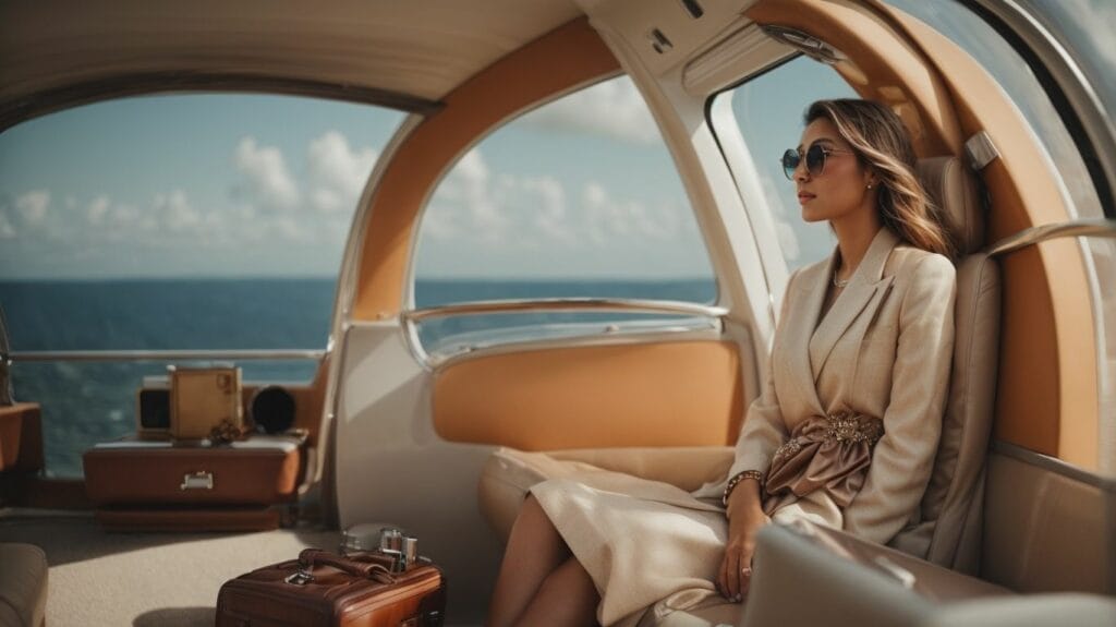 A woman enjoying the luxurious experience of sitting in the back seat of a private jet, embracing the true essence of being a jet setter.