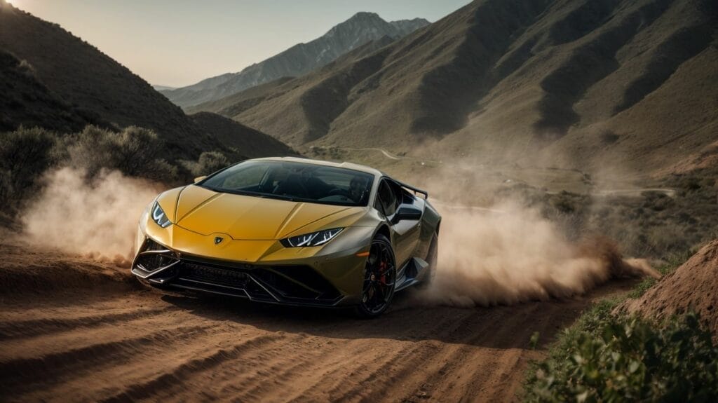 The 2019 Lamborghini Huracan Sterrato is driving down a dirt road.