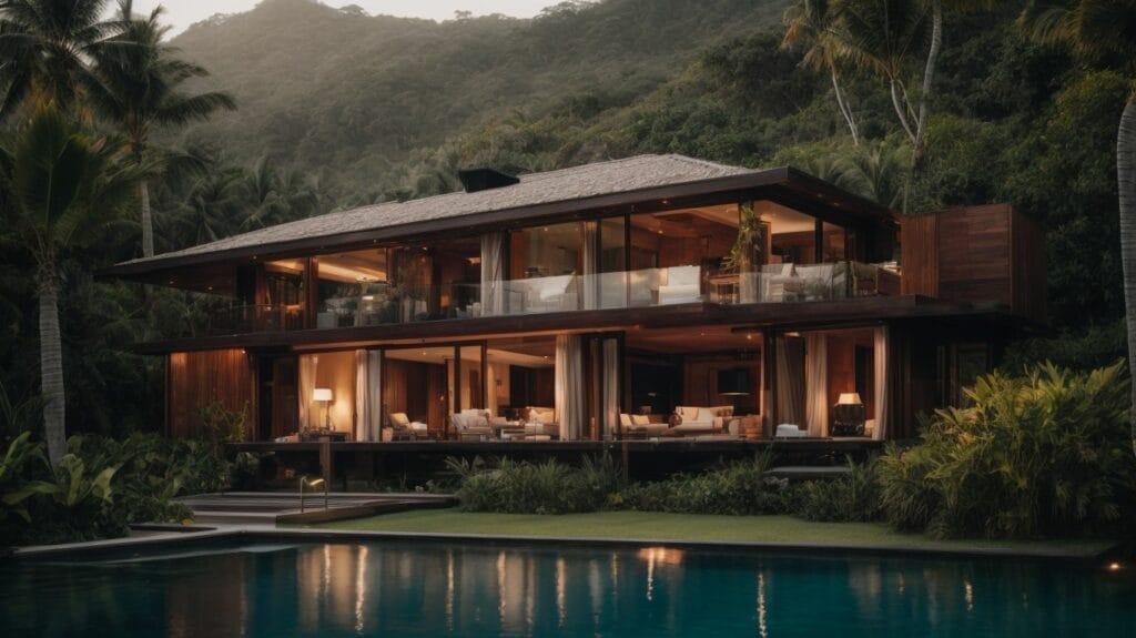 A luxurious travel destination - a modern house in the middle of the jungle.