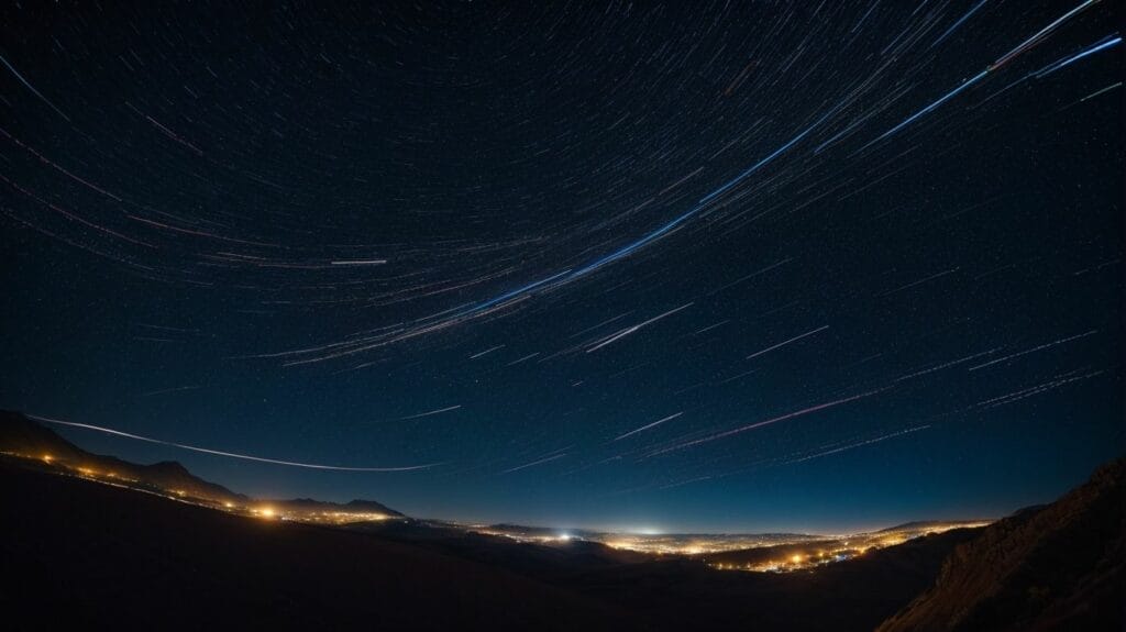 Star trails over a mountain at night, showcasing the mesmerizing beauty of the celestial sphere.