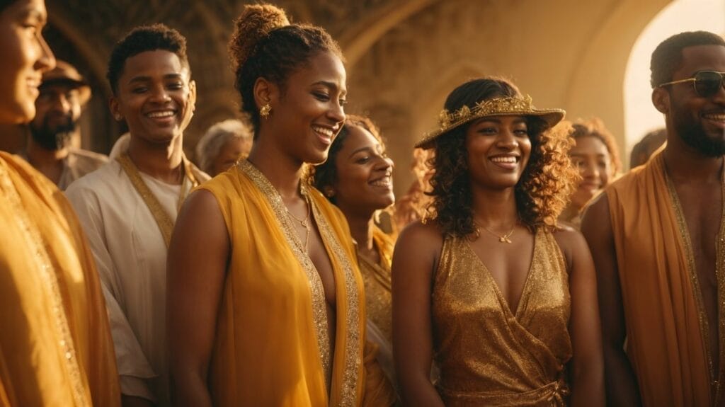 A group of prosperous people dressed in gold are smiling.