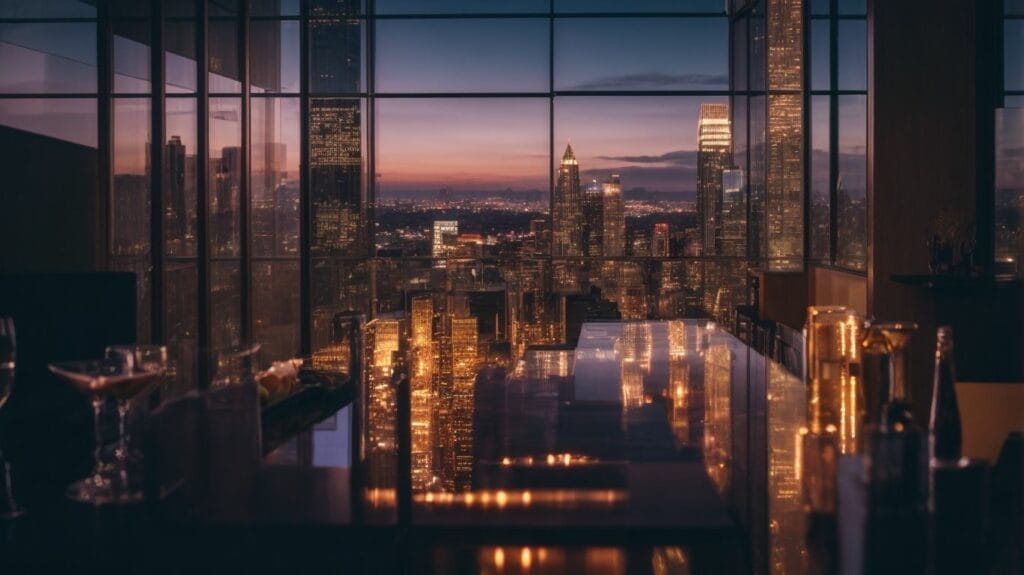 A view of the rich cityscape from a restaurant window.