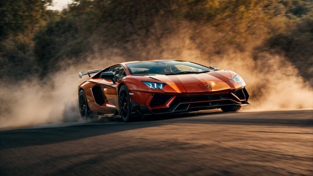 The Lamborghini Huracan, the fastest Lamborghini, is driving on a dusty road.