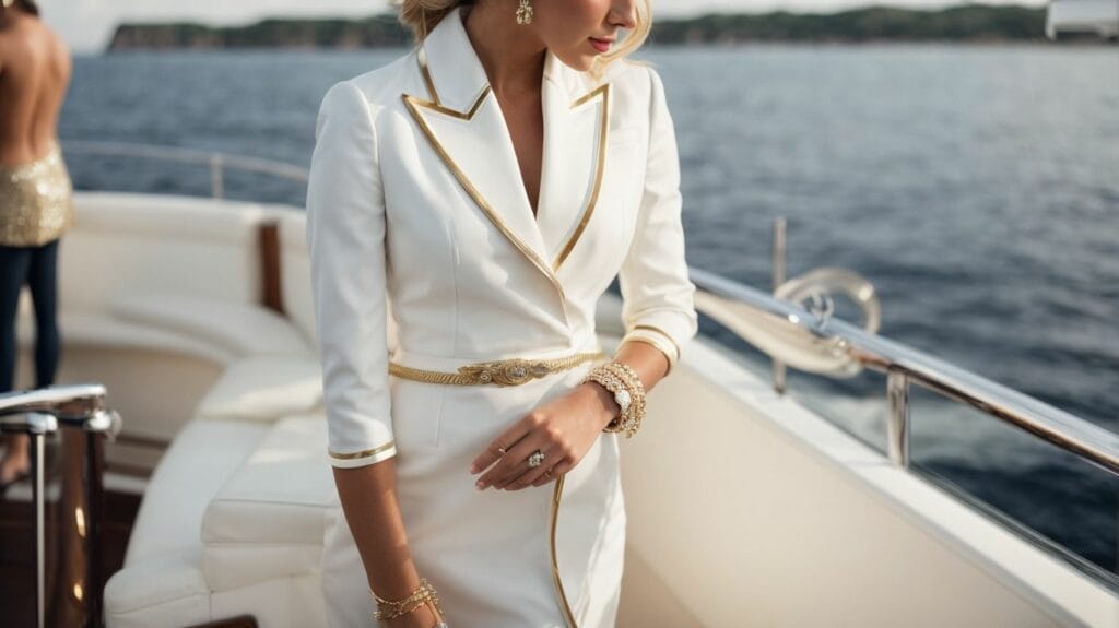 A woman in a white blazer enjoying a yacht party.