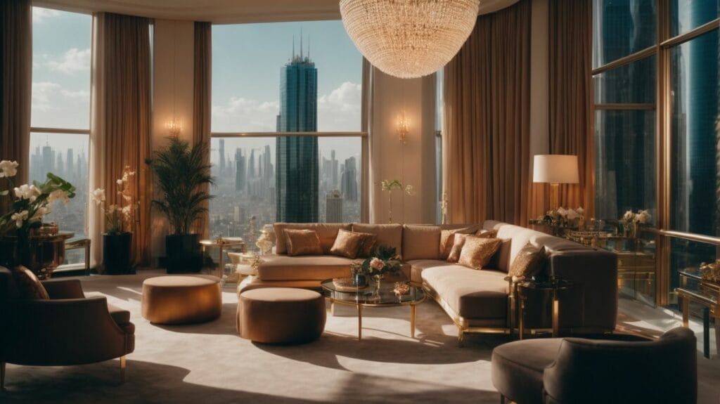 A living room with large windows overlooking the world's richest city.