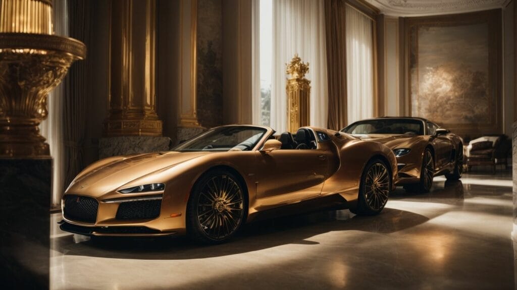 The world's richest person proudly displays their gold Bugatti Veyron parked in a luxurious room.