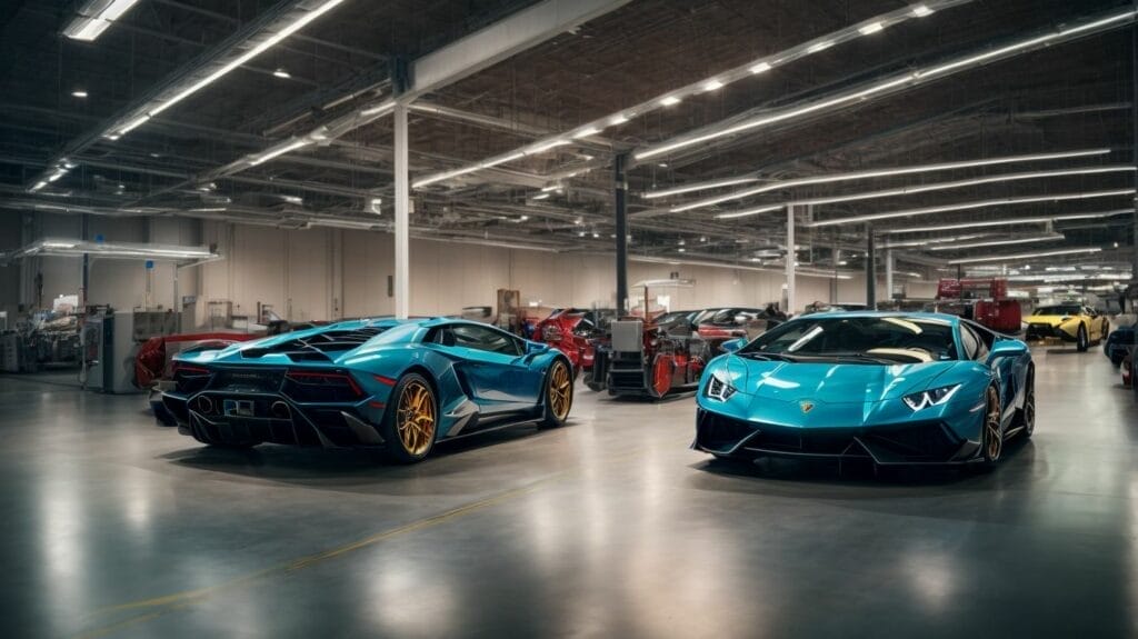 Two blue Lamborghinis, intricately built and manufactured, parked in a factory that serves as the birthplace of these luxury vehicles.