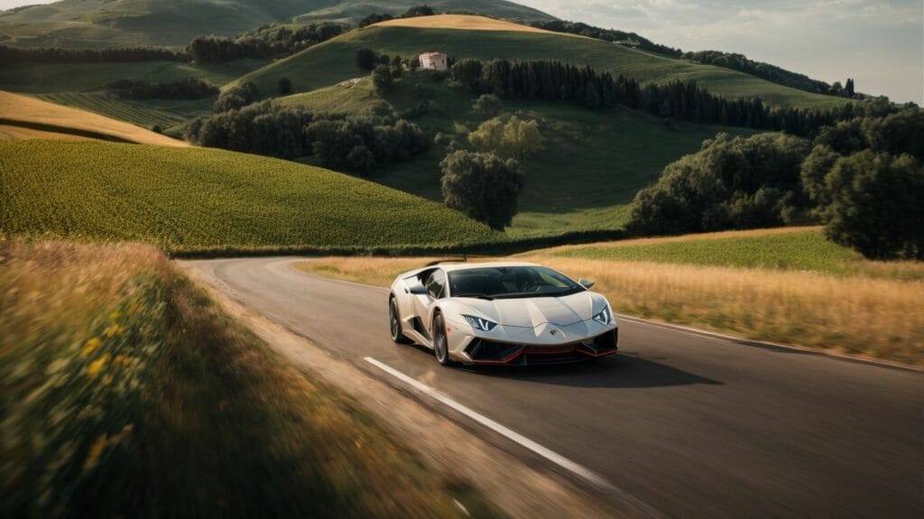 The lamborghini huracan, a luxury sports car, is gracefully navigating down a serene country road.