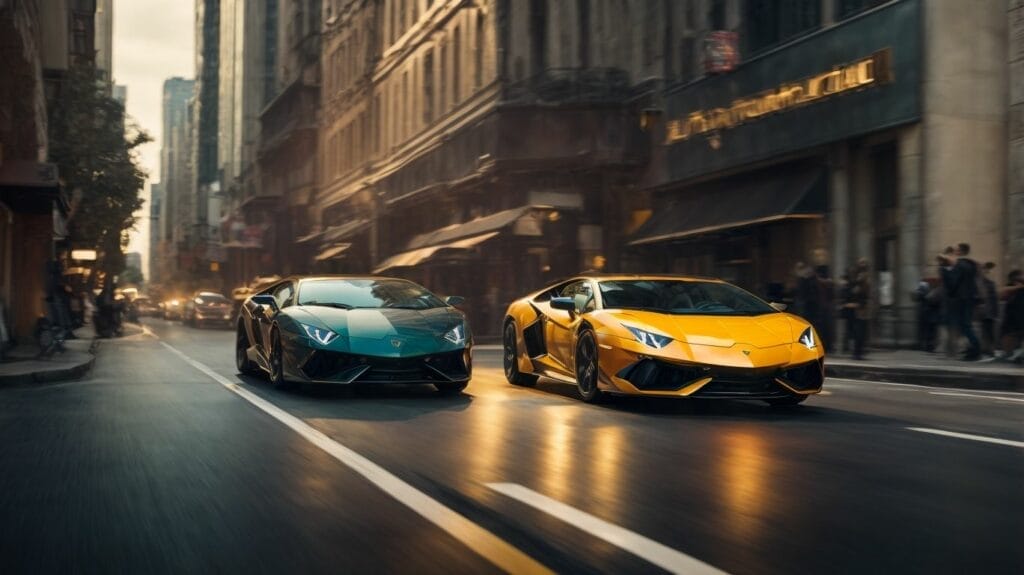 Two Lamborghinis, owned by unidentified individuals, gracefully maneuver through the busy city streets.