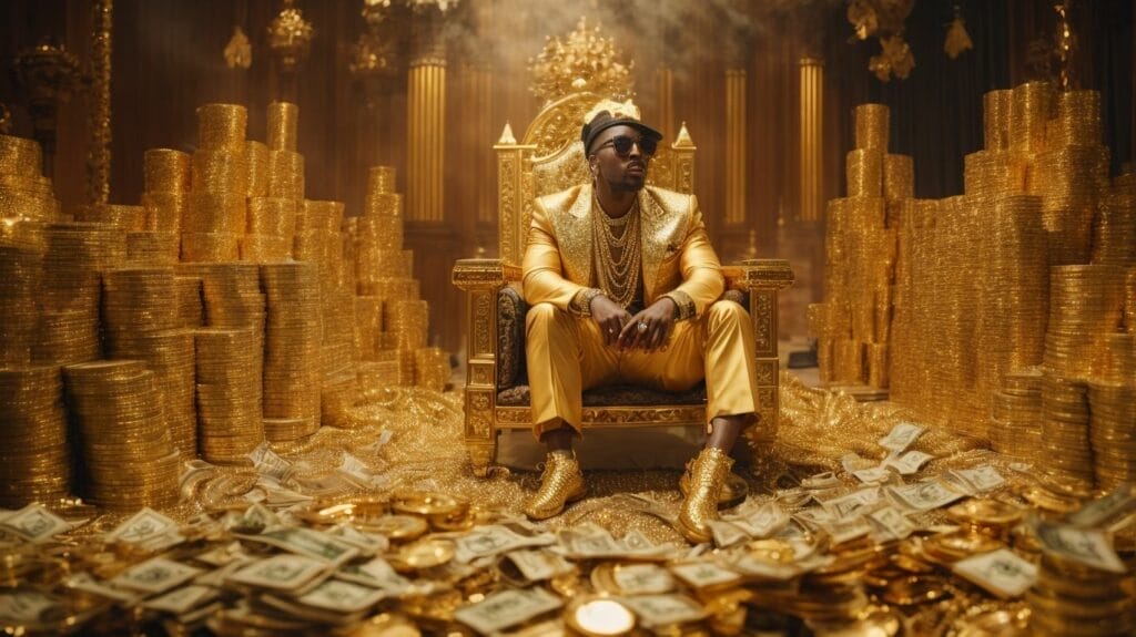 The wealthiest man, surrounded by piles of gold coins, sits on a throne.