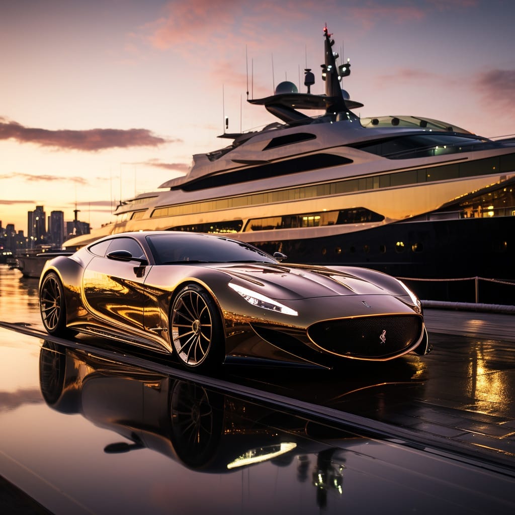 A golden sports car gracefully parked in front of a luxurious yacht against the breathtaking backdrop of a stunning sunset.