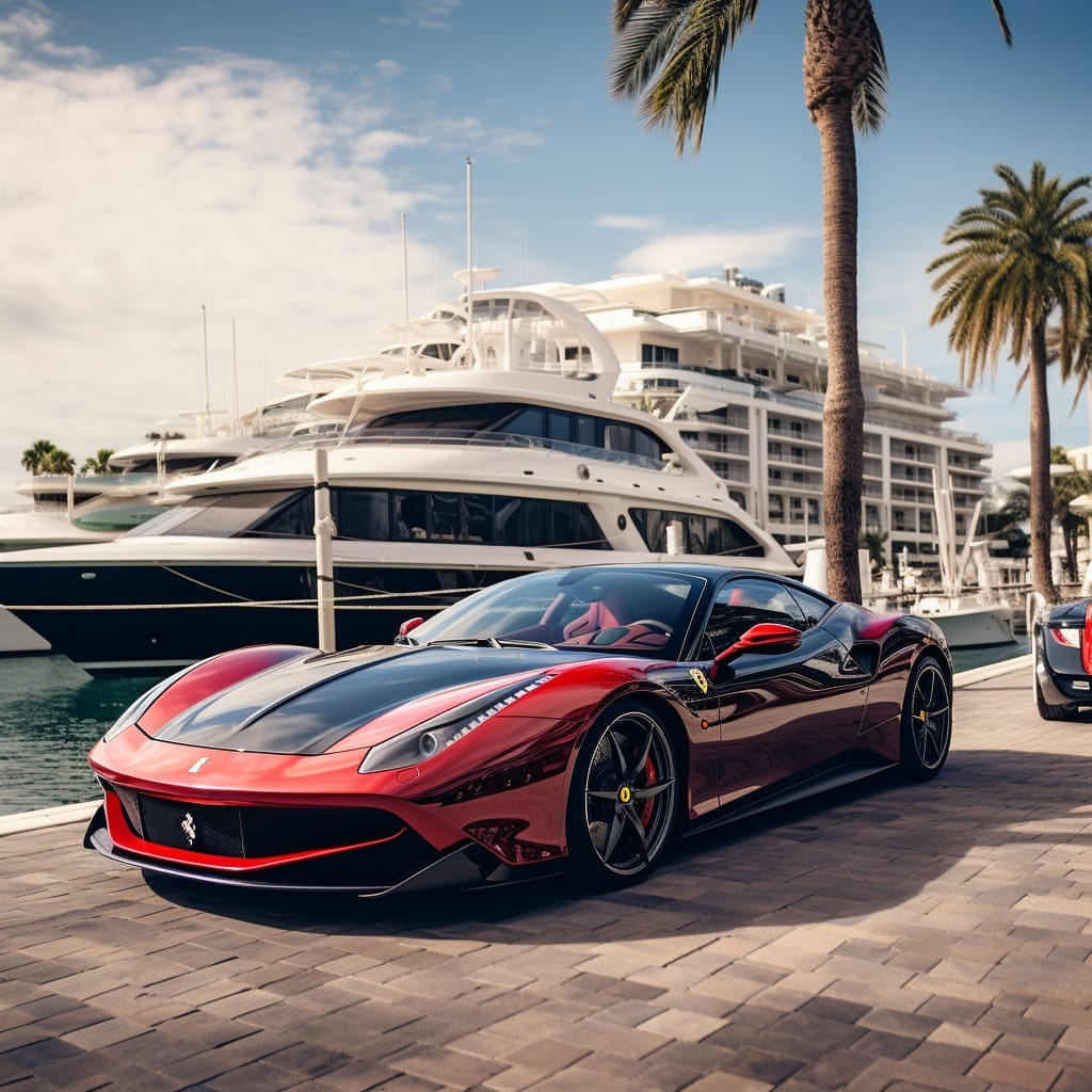 A red ferrari sports car parked in front of a yacht, creating an extravagant home.