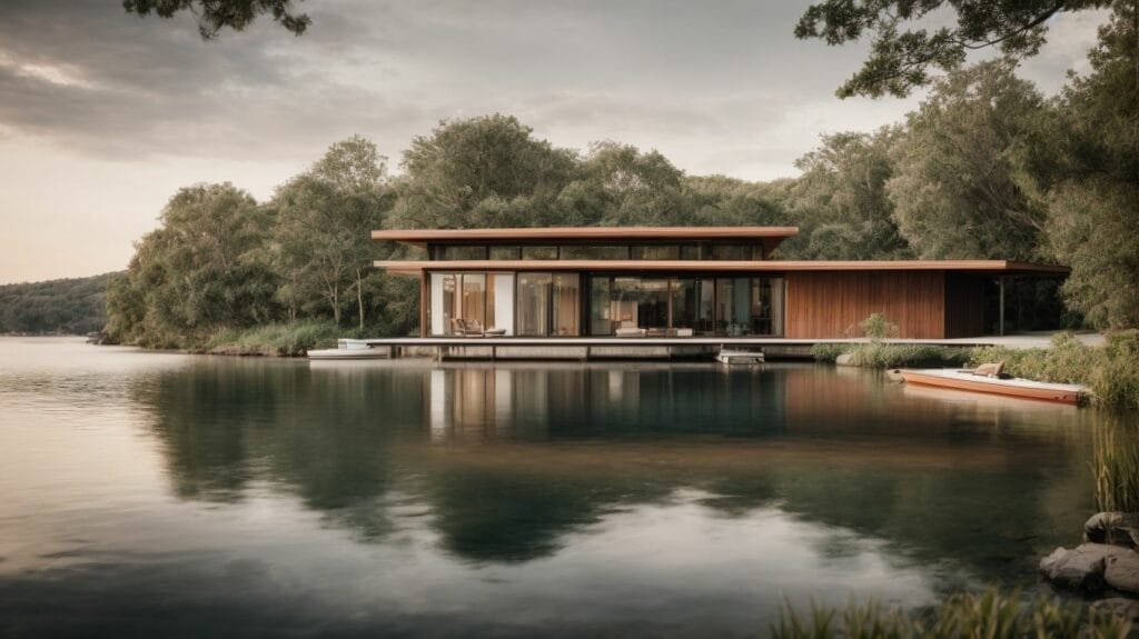 A modern house on the shore of a lake equipped with a boat dock.