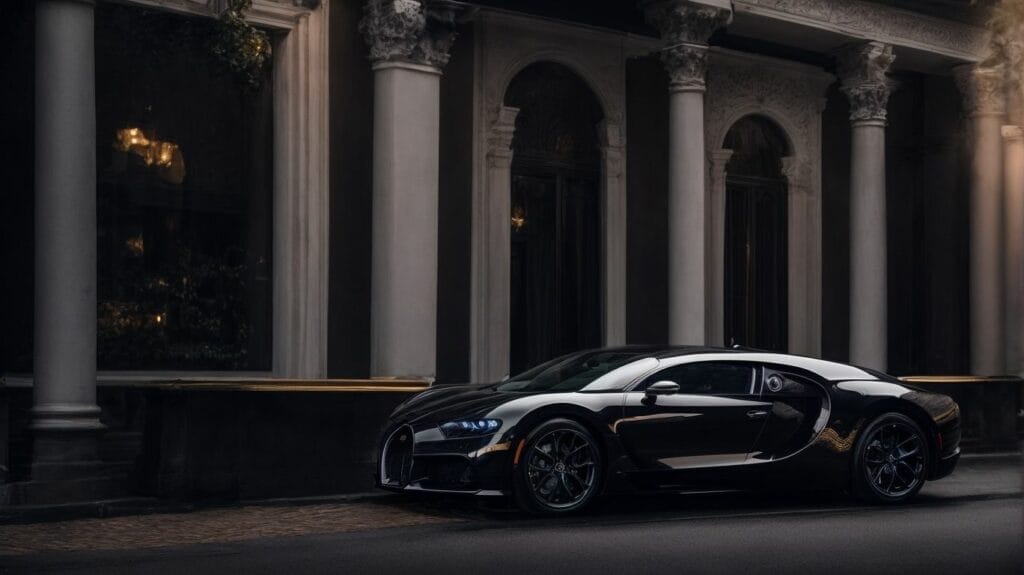 The La Voiture Noire, a black Bugatti Chiron, parked in front of a building.