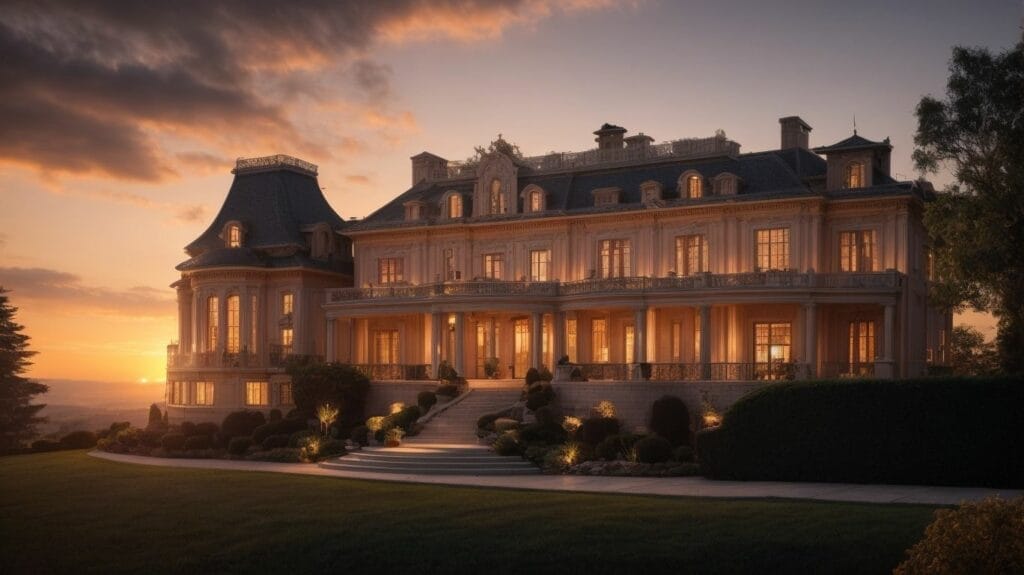 An expensive mansion at dusk on a hillside.