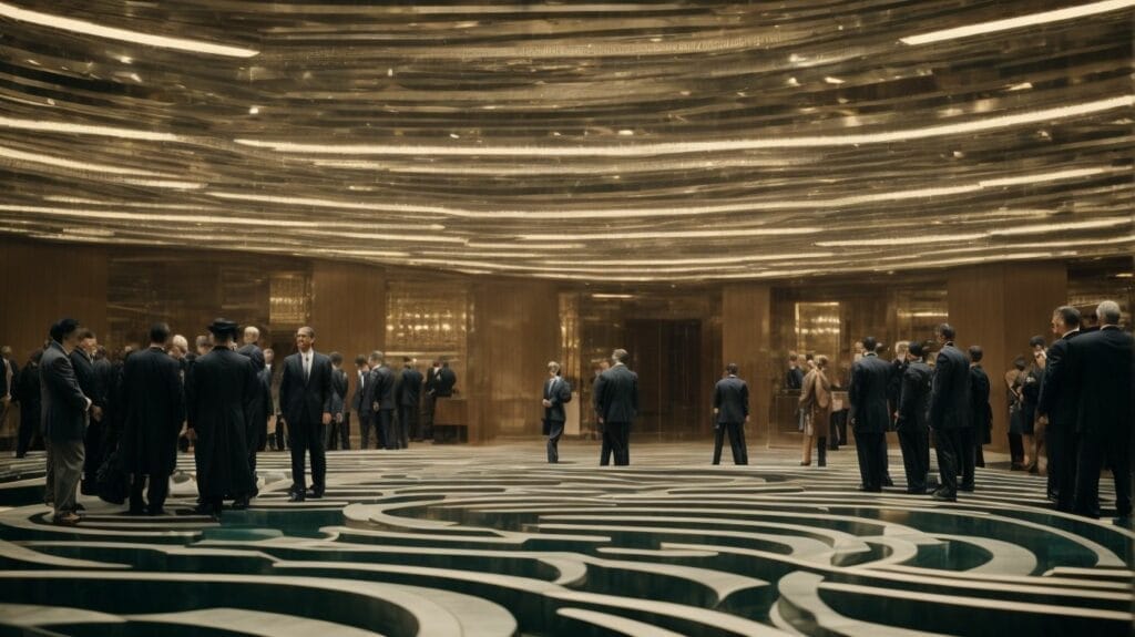 A group of billionaires standing in a circular room, trying to avoid taxes.