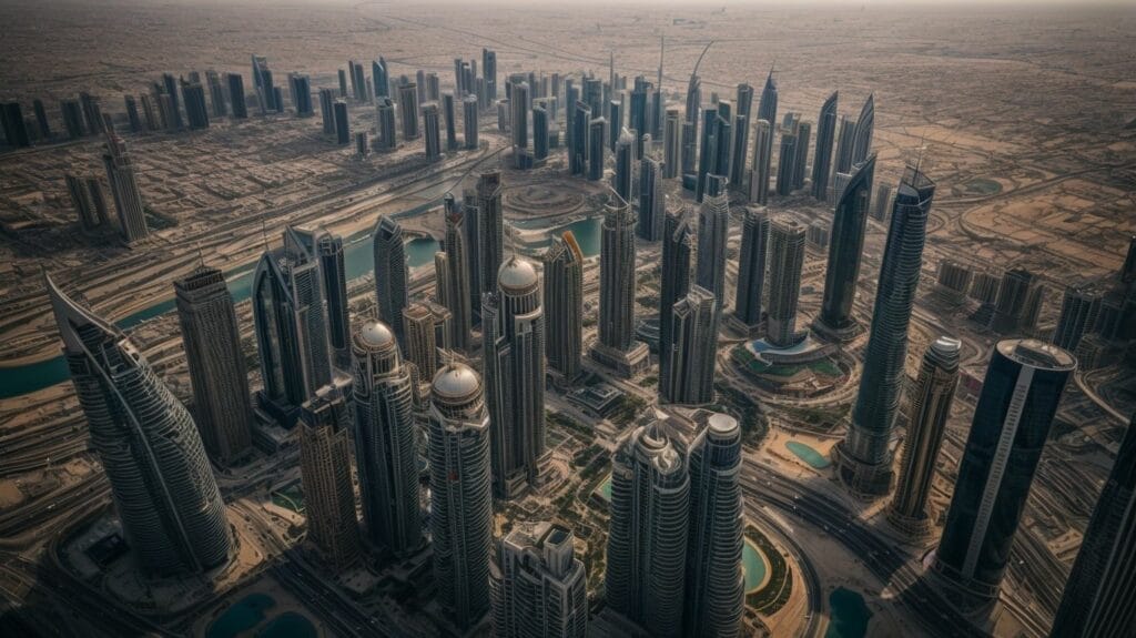 An aerial view of the luxurious skyline of Dubai, home to millionaires.
