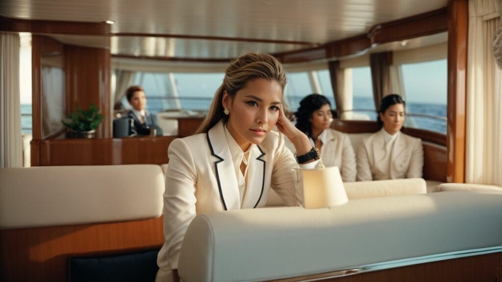 A group of business people becoming yacht stewardesses and sitting on a boat.