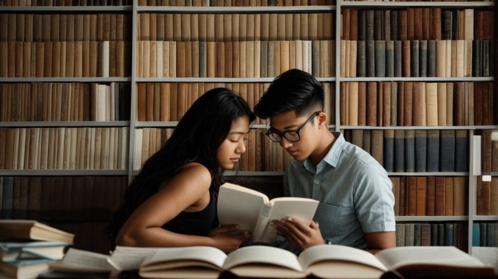 Young asian couple increasing reading speed in a library.