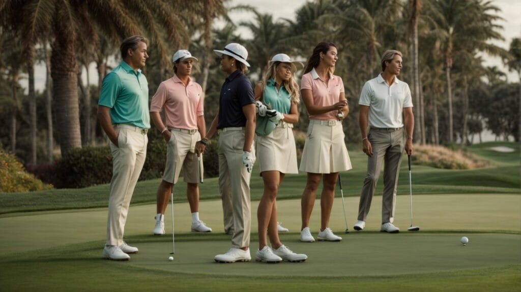 A group of people engaged in the sport of golf on a course.