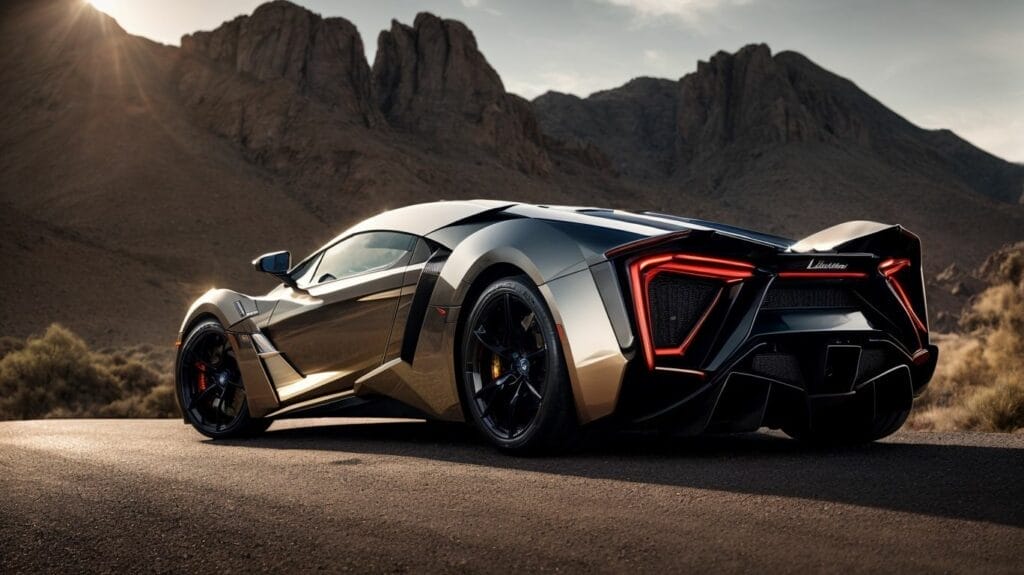 The Lykan Hypersport, a breathtaking black and gold sports car with an extravagant price tag, is parked in the vast desert landscape.