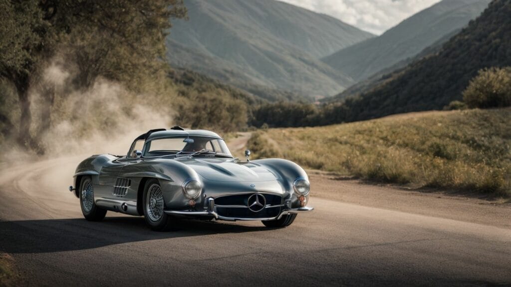 Mercedes-benz 300sl roadster driving down a country road.