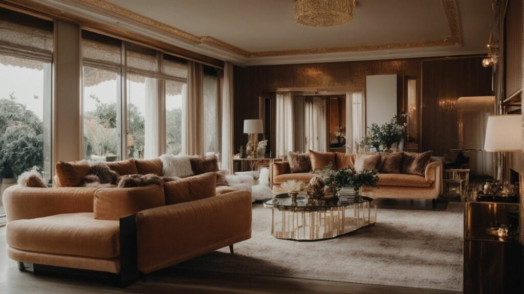An expensive living room with gold furniture and large windows, perfect for an Airbnb stay.