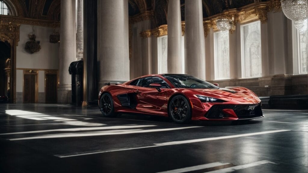 A red Bugatti sports car is parked in an ornate building.