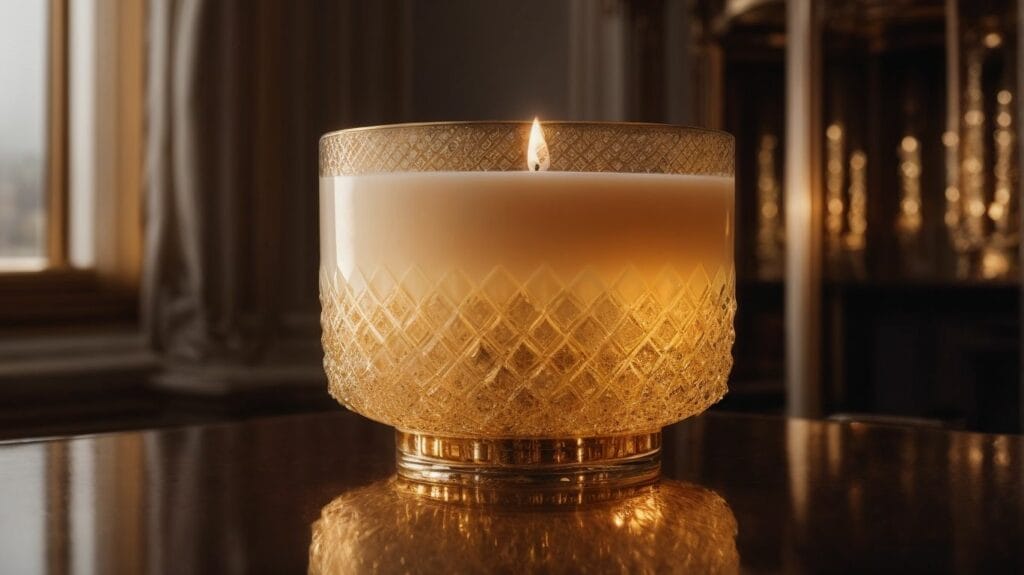 An expensive candle illuminates a table in front of a window.