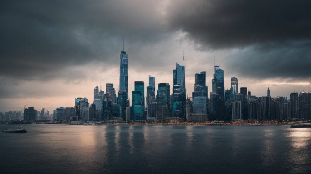 The world-famous city of Manhattan under a stormy sky.