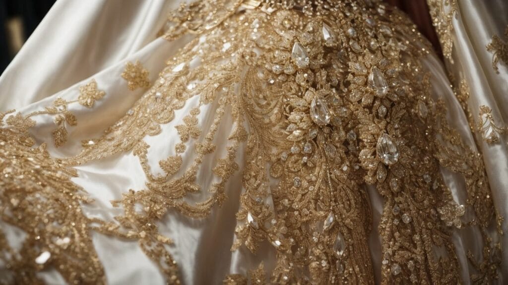 An expensive gold wedding dress with a cape and intricate beading.