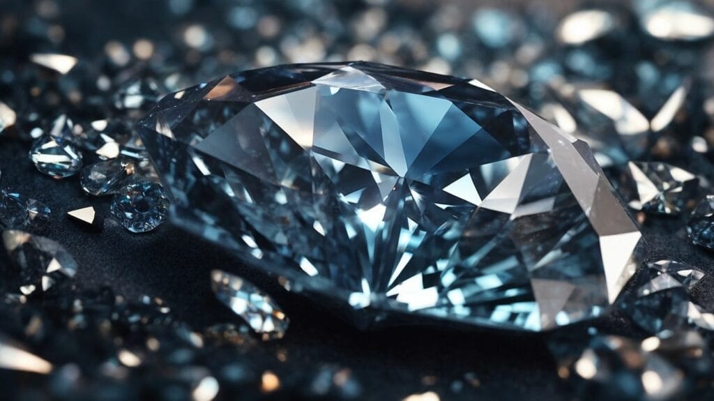 An image of a cut blue diamond surrounded by diamonds, radiating an expensive allure.