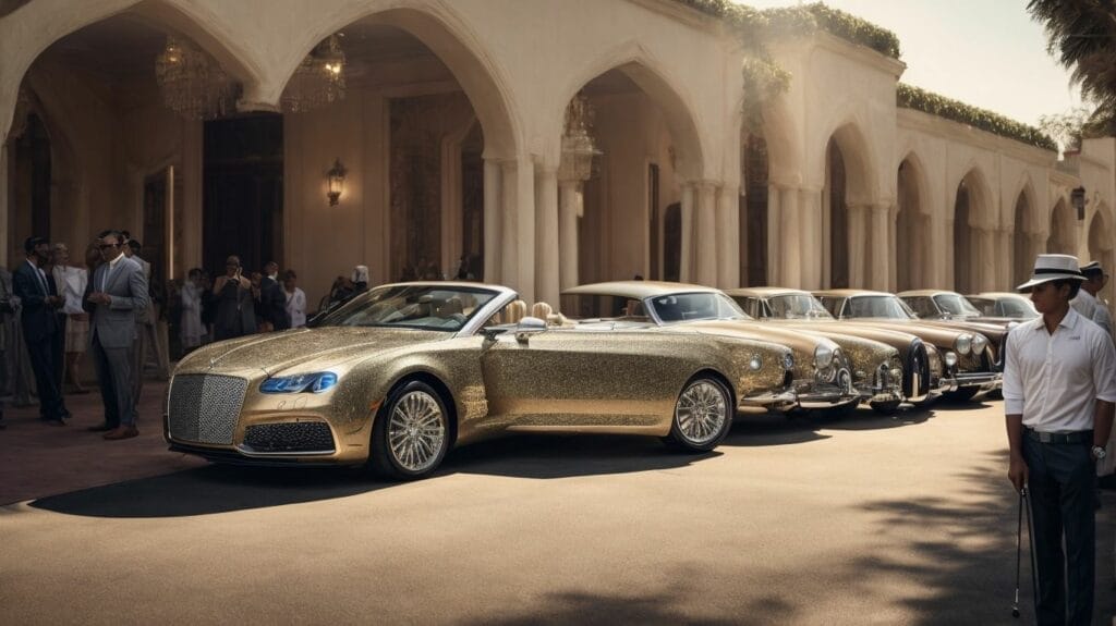 A group of expensive gold Bentley convertibles parked in front of a mansion.