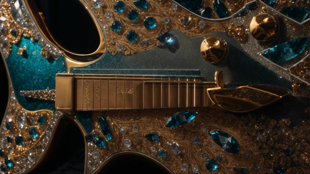 The most expensive electric guitar covered in gold and blue jewels.