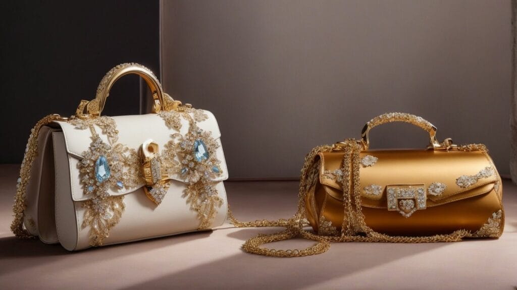 Two expensive handbags, one gold and one white, on a table.