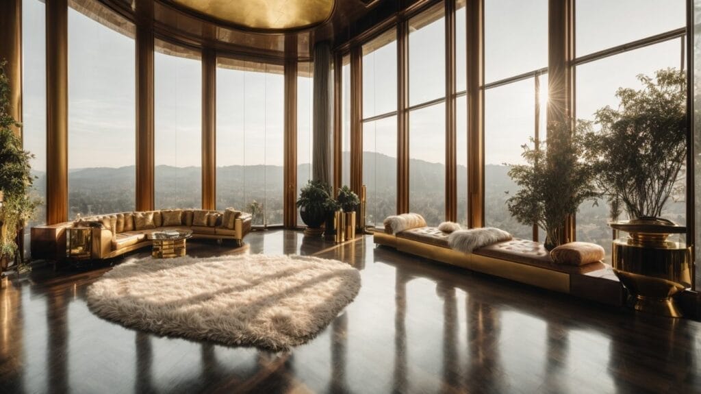 An expensive living room with large windows overlooking a mountain view.